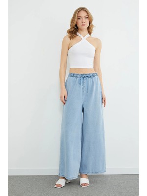FullaModa Beli Bağcıklı Taşlı Wide Leg Jean