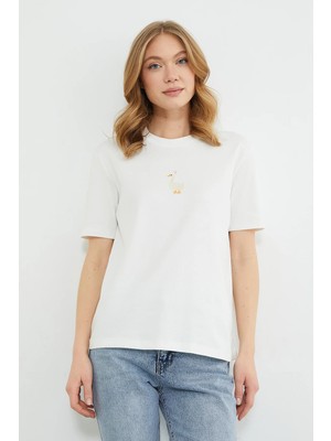 FullaModa Ördek Nakışlı Bisiklet Yaka Salaş Tişört