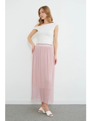 FullaModa Beli Lastikli Pileli Uzun Şifon Etek