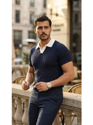 Evyora Erkek Desenli Kısa Kollu Triko Tişört - %100 Pamuk Akrilik