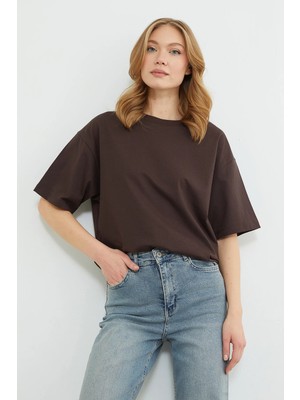 FullaModa Basic Bisiklet Yaka Oversize Tişört