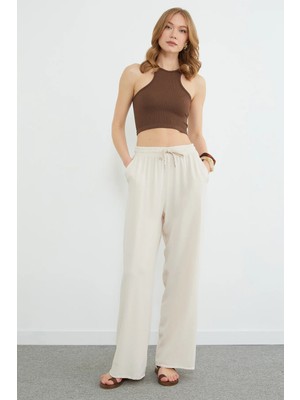FullaModa Beli Bağlamalı Cepli Tencel Pantolon