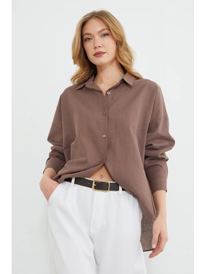 FullaModa Basic Keten Görünümlü Oversize Gömlek
