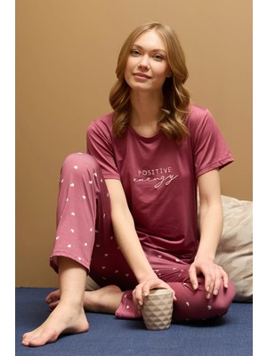 FullaModa Kalp Desenli Bisiklet Yaka Pijama Takımı