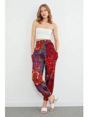 FullaModa Etnik Desenli Beli Gipeli Şalvar Pantolon