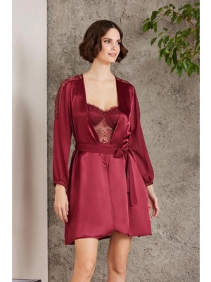 Pierre Cardin Saten Gecelik Sabahlık Pijama Şort 6'lı Gelin Çeyiz Seti Bordo 6005