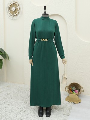 Modamorfo Kemerli Dik Yaka Likralı Uzun Elbise -Zümrüt