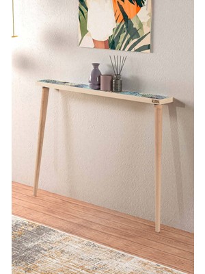 Feyza Design Turkuaz Ahşap Doğal Ağaç Traverten Taşlı Dresuar 102X12CM