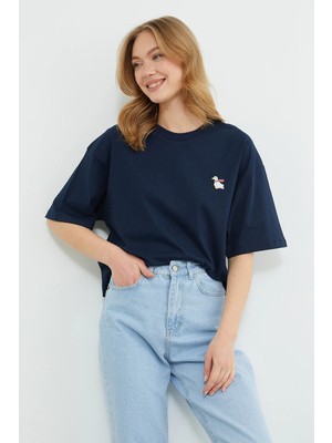 FullaModa Ördek Nakışlı Bisiklet Yaka Tişört