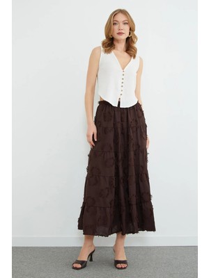FullaModa Püsküllü Beli Lastikli Maxi Boy Etek