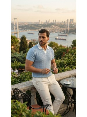 Nidam Butik Erkek Desenli Kısa Kollu Triko Tişört - %100 Pamuk Akrilik