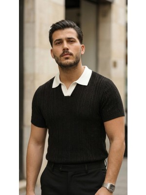 Equri Erkek Desenli Kısa Kollu Triko Tişört - %100 Pamuk Akrilik