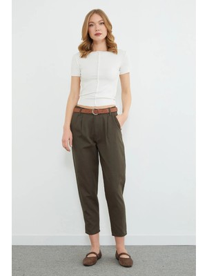 FullaModa Kemer Detaylı Keten Görünümlü Pantolon