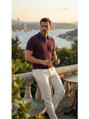 Cottonlab Erkek Desenli Kısa Kollu Triko Tişört - %100 Pamuk Akrilik