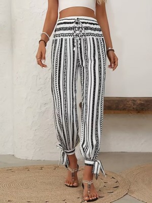 Nidam Butik Kadın Yüksek Bel Desenli Paçadan Bağlamalı Yanları Yırtmaçlı Süprem Pantolon