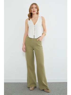 FullaModa Yüksek Bel Fermuarlı Müslin Kumaş Pantolon