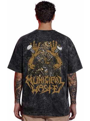 Sevbano Tasarım Municipal Waste Rock Metal Müzik Grubu Sırt Baskılı Unisex Oversize Eskitme Yıkamalı Tişört