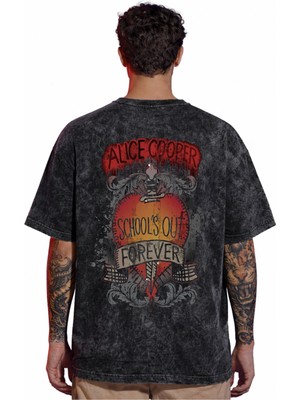 Sevbano Tasarım Alice Cooper Şarkıcı Rock Metal Sırt Baskılı Unisex Oversize Eskitme Yıkamalı Tişört