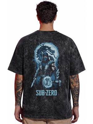 Sevbano Tasarım Sub-Zero Mortal Kombat Anime Sırt Baskılı Unisex Oversize Eskitme Yıkamalı Tişört