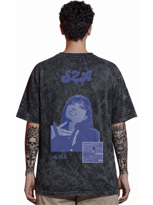 Sevbano Tasarım Sza Şarkıcı Rapper Sırt Baskılı Unisex Oversize Eskitme Yıkamalı Tişört