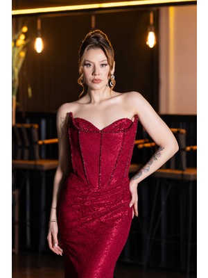 Abiyefon Straplez Korse Detay Uzun Dantel Abiye Elbise ABU5815