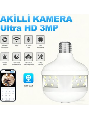 Dobest 360 Derece Panoramik Lamba Kafa Güvenlik Kamera | Wifi Kablosuz, Full Hd Işık+Izleme Büyük Geniş Açı, Ev/ Dış Mekan