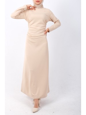 Modamorfo Belden Büzgülü Örme Krep Likralı Elbise  -Bej