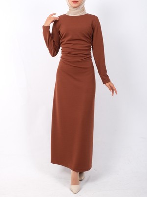 Modamorfo Belden Büzgülü Örme Krep Likralı Elbise  -Taba