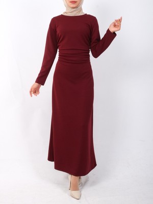 Modamorfo Belden Büzgülü Örme Krep Likralı Elbise  -Bordo