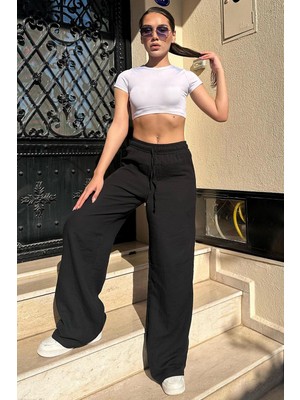 Madmext Siyah Bol Paça Müslin Kadın Pantolon 2XL Yüksek Bel Düz Dokuma Trend Tasarım