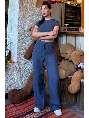 Madmext Koyu Mavi Bol Paça Müslin Kadın Pantolon %100 Pamuklu Rahat Kesim