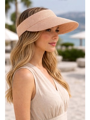 Aydın Şapkacınız Kadın Hasır Vizör Şapka Arkası Ayarlanabilir Lastikli Üstü Açık Yazlık Güneş Şapkası