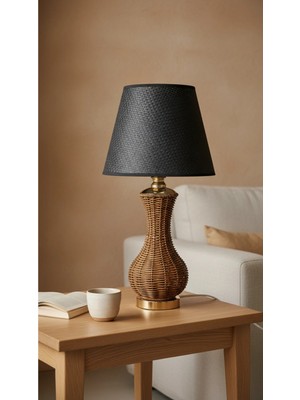 Decodelight Gold Ayak Kahverengi Hasır Rattan Örmeli Gövde Siyah Hasır Kumaş Şapkalı Bohem Abajur Masa Lambası