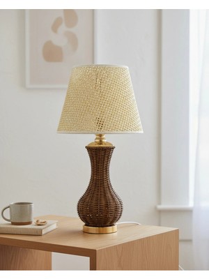 Decodelight Gold Ayak Kahverengi Hasır Rattan Örmeli Gövde Açık Krem Kumaş Şapkalı Bohem Abajur Masa Lambası