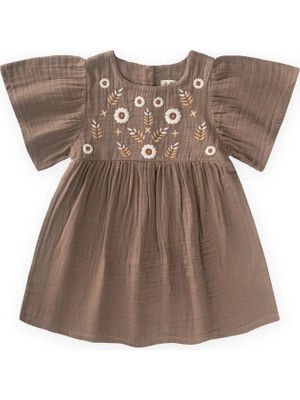 Cigit Çiçek Nakışlı Kelebek Kol Elbise 2-8 Yaş Vizon