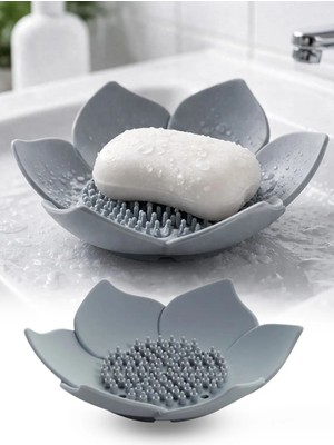 Omilife Gri Lotus Desenli Silikon Sabunluk Su Giderli Katı Sabun ve Sünger Organizer Banyo Mutfak