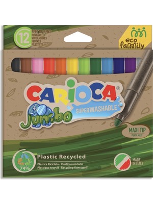 Carioca Eco Famıly Jumbo Süper Yıkanabilir Keçeli Boya Kalemi 12'li Renkli ve Geri Dönüştürülebilir