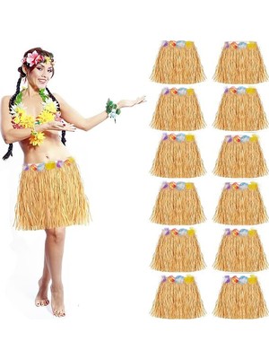 Yetişkin ve Çocuk Uyumlu Saman Renk Hawaii Luau Hula Etek 40 cm 12 Adet