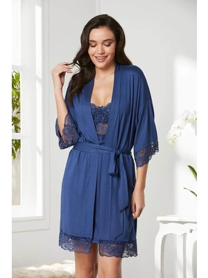 Pierre Cardin Penye Dantelli Gecelik Sabahlık Takım 4020 Lacivert