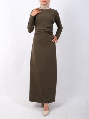 Modamorfo Belden Büzgülü Örme Krep Likralı Elbise -Haki