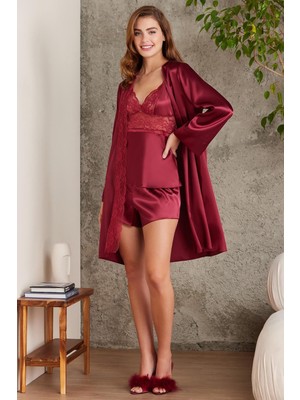 Pierre Cardin Kadın 7015 Saten Dörtlü Gelin Çeyiz Seti Bordo