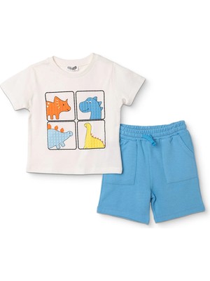 Hellobaby Erkek Bebek Tişört-Şort Dinozor Baskılı Bisiklet Yaka Short Sleeve Reçme