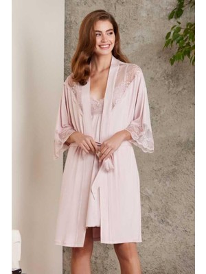 Pierre Cardin Penye Dantelli Gecelik Sabahlık Takım 4010 Pudra