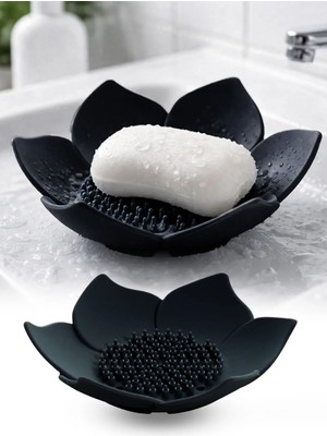 Omilife Siyah Lotus Desenli Silikon Sabunluk Su Giderli Katı Sabun ve Sünger Organizer Banyo Mutfak