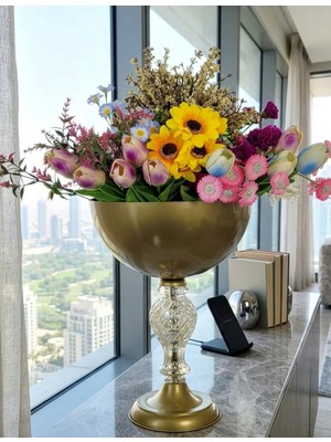 Decodelight Eskitme Dekoratif Cam Babalı Metal Ayaklı 25 cm Çapında Salon Düğün Nişan Vazo Masa Dekor