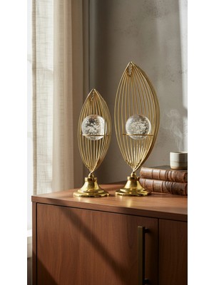 Decodelight Gold Metal Ayaklı Yelken Model Baloncuk Kristal Camlı 2'li Ev Aksesuar Dekor Biblo Obje
