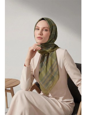 Silk Home Viskon Velora Eşarp Ekose Desenli Yağ Yeşili Tok Duruşlu Dört Mevsim 90X90