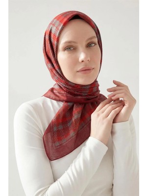 Silk Home Viskon Velora Eşarp Ekose Desenli Koyu Kırmızı Tok Duruşlu Dört Mevsim 90X90