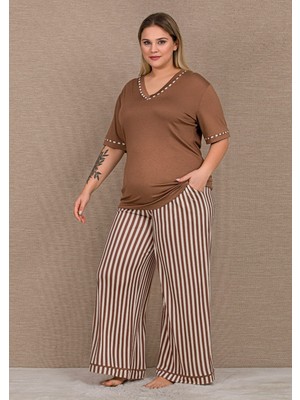 Lady Pijama Kısa Kollu Büyük Beden Viskon Kumaş Sütlü Kahve Pijama Takımı