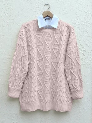 Modamorfo Petek Desen Kışlık Salaş Triko Kazak    -Pudra